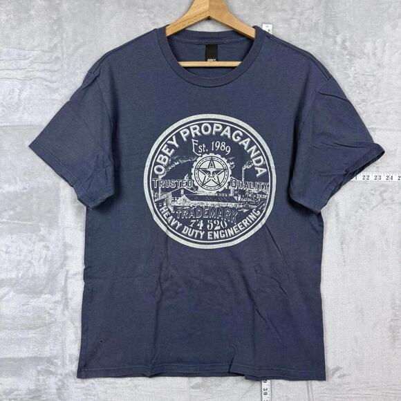 Obey Propaganda Graphic T-Shirt Men’s Size L Navy Blue Made in USA Streetwear - Picture 1 of 8